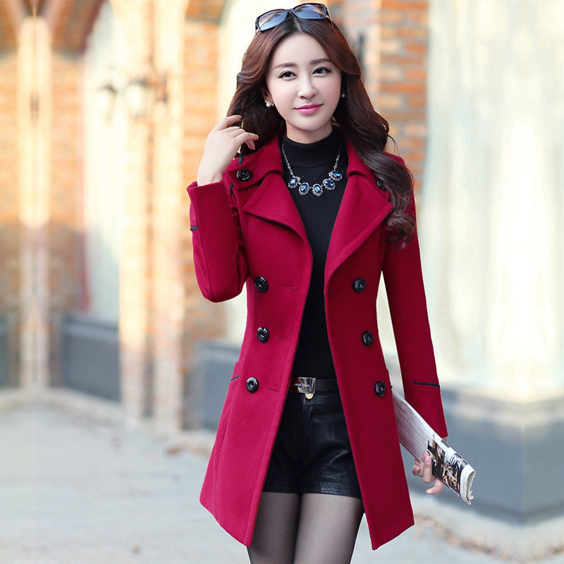 19 Autumn And Winter New Korean Style Coat Double-breasted Mid-length Slim Fit Fashion Coat Women's Clothing