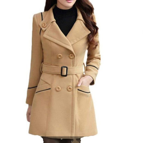 19 Autumn And Winter New Korean Style Coat Double-breasted Mid-length Slim Fit Fashion Coat Women's Clothing