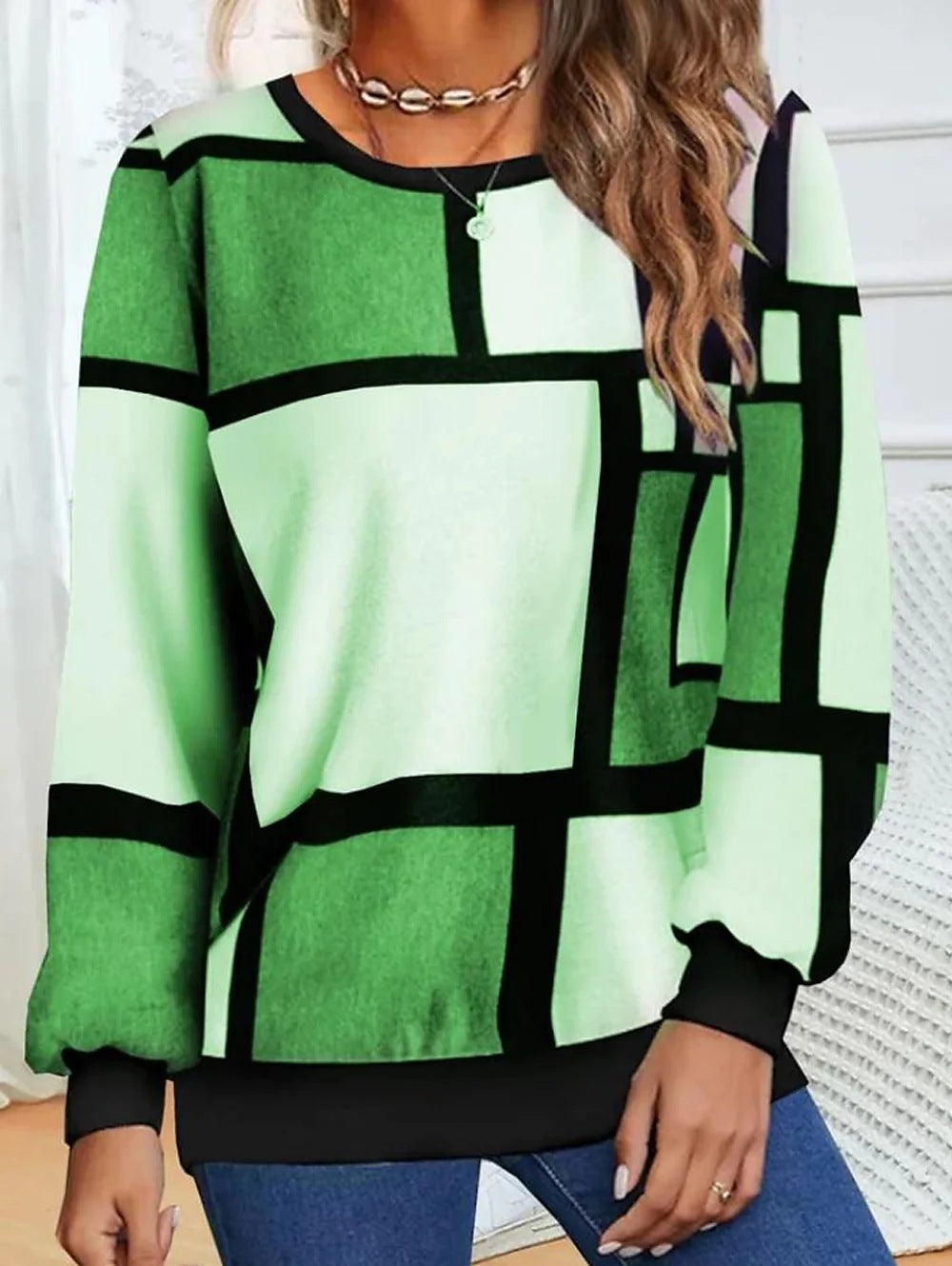 Casual Geometric 3D Printed Loose Long Sleeves Round Neck Sweater